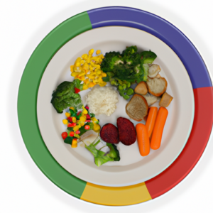 A colorful plate of healthy food, arranged to show portion control.