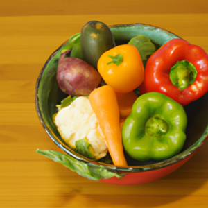 A bowl of fresh vegetables and fruit of different colors and shapes.