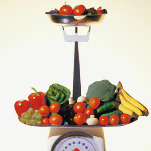 A scale with a variety of fruits and vegetables placed on top in an even pattern.