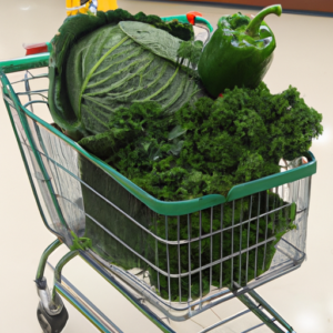 A shopping cart overflowing with green produce.