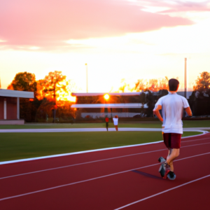 A runner sprinting on a track with the sun setting in the background.