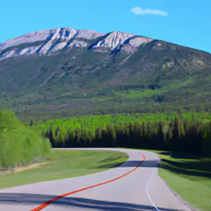 A colorful image of a winding road leading up to a mountain peak.