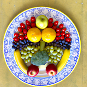 A plate of colorful vegetables and fruits in a balanced pattern.