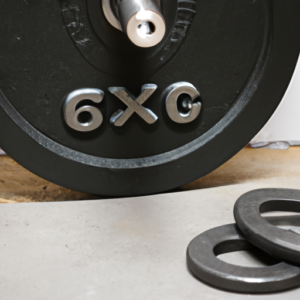 A weight plate with a barbell and a key in the background.
