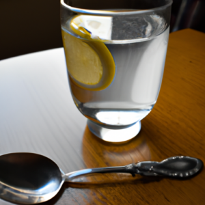 A glass of clear sparkling liquid with a spoon and a slice of lemon on the side.