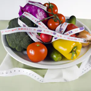 A plate of colorful vegetables with a measuring tape draped over it.