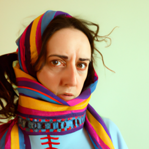 A woman wearing a colorful scarf against a pastel background.