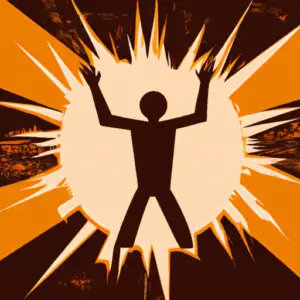 A stylized image of a person jumping in the air with an explosion in the background.