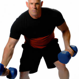 A fitness-themed image of a bodybuilder performing a stretching exercise with dumbbells.