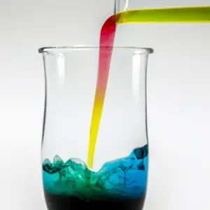 A colorful beaker with different colored liquids being poured into it.