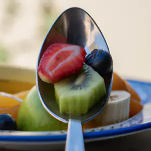 A close-up of a plate of fresh fruits and vegetables with a spoon on top.