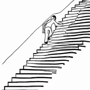 A drawn image of a person running up a never-ending staircase.