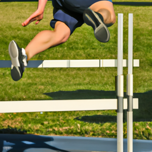 A person jumping over a hurdle, with a focus on the legs.