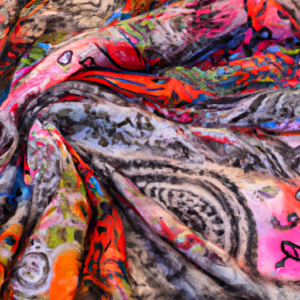 A close-up of a colorful scarf with intricate patterns and textures.