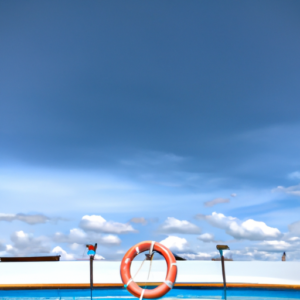 A swimming pool with a lifebuoy in the middle, surrounded by a bright blue sky.