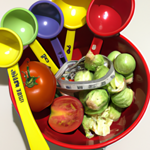 A plate of fresh vegetables with measuring cups and spoons.