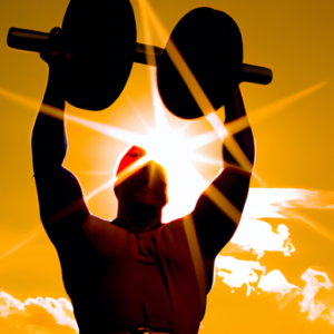 A person lifting weights in front of a bright sunrise.