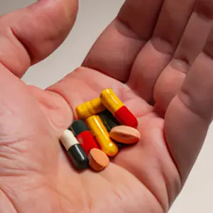 A close-up of a hand holding a handful of multi-colored capsules or pills.