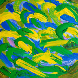 A colorful abstract painting with various shades and hues of blue, green, and yellow.