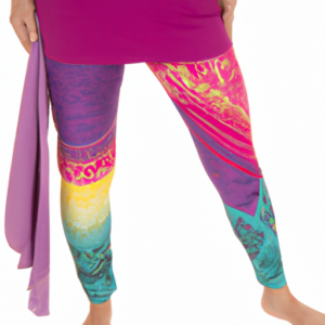 A woman in a yoga pose with a pair of colorful yoga pants draped over her legs.