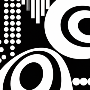A black and white abstract pattern of lines and circles.