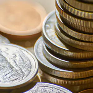 A close-up of a stack of coins with various denominations.