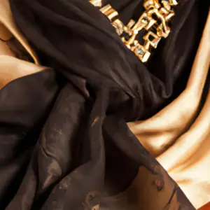 A close-up of an evening scarf draped around a gold necklace.
