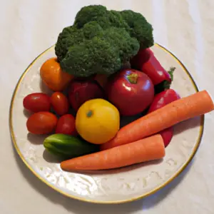 Suggested Prompt: A plate with a balanced selection of colorful fruits and vegetables.