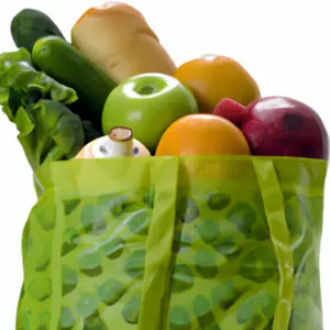 A green shopping bag filled with a variety of fruits and vegetables.