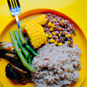 A bright yellow plate with a healthy portion of vegetables, lean protein, and whole grains.