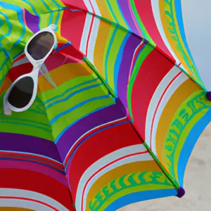 A colorful beach umbrella with a pair of sunglasses hanging off the end.