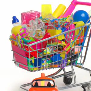 A shopping cart overflowing with bright colored items on a white background.