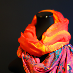 Brightly colored scarf draped over a mannequin in a contrasting color.