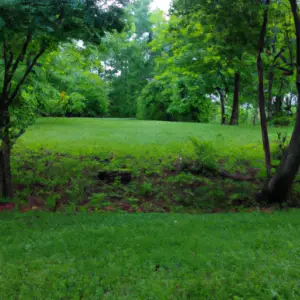 A lush, green landscape with nature elements like trees, leaves, and grass.