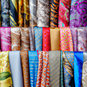 A colorful selection of silk scarves in various patterns and textures.