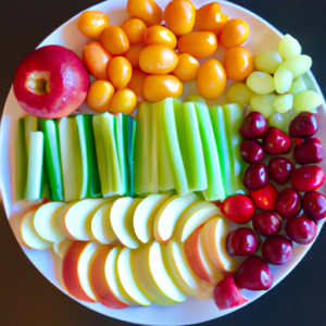A plate of colorful fruits and vegetables in varying portion sizes.