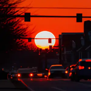 A bright red and yellow sun setting over a busy city street.