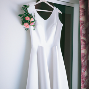 A white dress on a white hanger with a bouquet of pink roses.