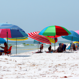 A beach scene with brightly colored beach umbrellas.