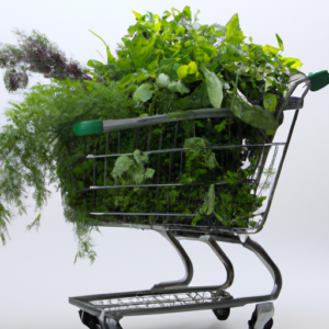 A shopping cart overflowing with green plants.