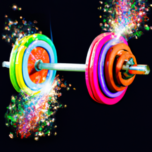 A weightlifting barbell surrounded by a colorful explosion of sparks.