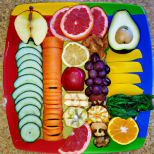 A colorful nutrition plate with various fruits and vegetables arranged in a balanced pattern.