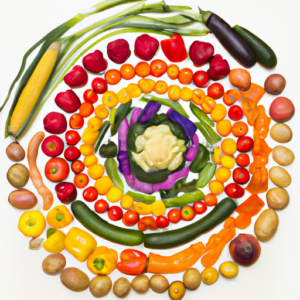 Suggestion: A colorful array of healthy food items arranged in a spiral pattern.