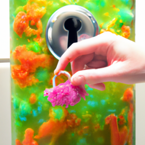 A close-up of a person's hand unlocking a lock with a key made of colorful bacteria.
