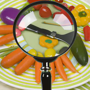 A colorful plate of assorted vegetables with a magnifying glass hovering over it.