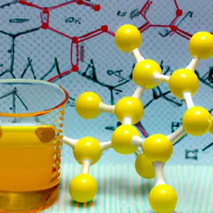 A beaker of a yellow liquid with a molecular structure in the background.