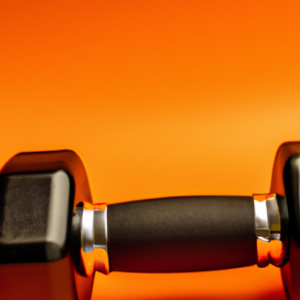 A fitness dumbbell with a bright orange background.