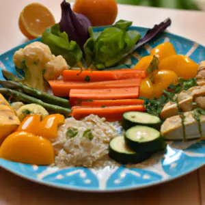 A plate with healthy portioned food arranged in a colorful, balanced composition.