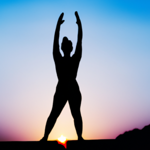A silhouette of a person in a yoga pose with the sun rising in the background.