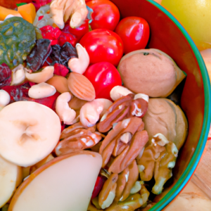A close-up of a colorful bowl filled with various fruits, vegetables, and nuts.